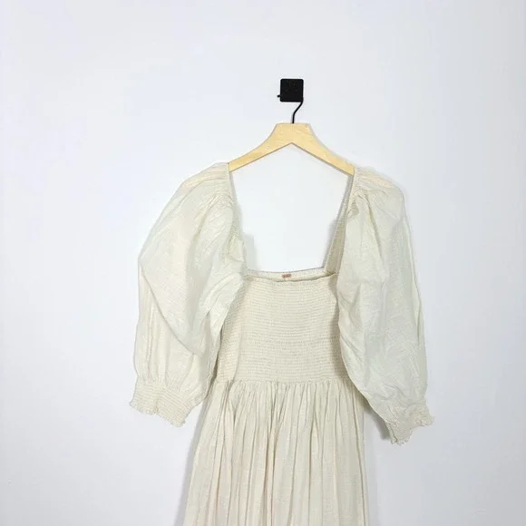 Free People Perfect Storm Midi Dress Ivory Lace Eyelet Smocked Puff Sleeve Small - Picture 3 of 7